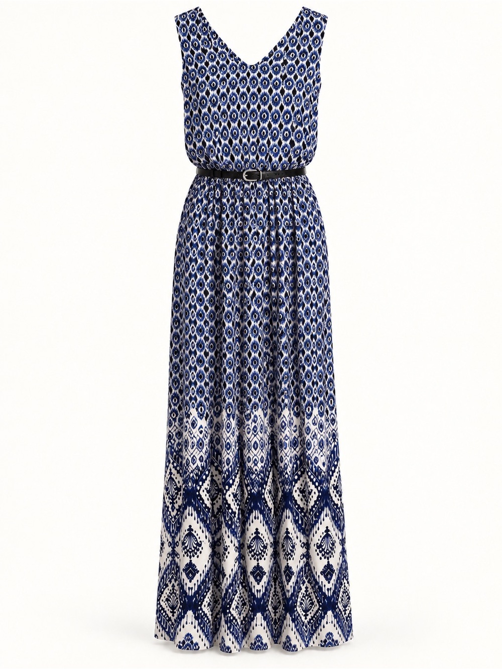 Danny & Nicole Blue Ikat Print Belted Maxi Dress | XL | NWT